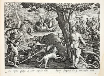 Eine Bärenjagd zeigt einen haarigen Bären, der seine scharfen Krallen in einen der Jäger schlägt, Illustration aus 